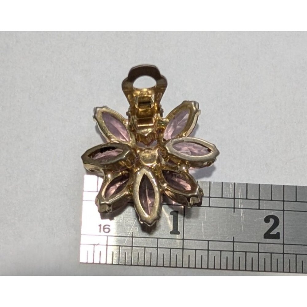 Vintage Flower Clip-On Earrings Purple Rhinestones Aurora Borealis Center - Picture 9 of 13